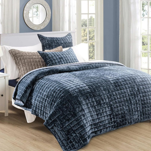 RECYCO Channel Box Stitch Velvet Quilt Set, Full Queen Size, Stormy Blue | Ultra Soft Lightweight Velvet Comforter, Luxury Oversized Bedspread Coverlet, Quilted Bedding Set for All Season with 2 Shams