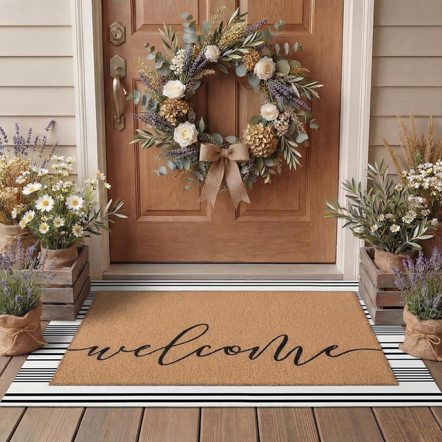 Tinideya 2 Pcs Door Mat Welcome Non Slip Coir Mats Floor Layering Doormats Seasonal for Front Porch Entryway Decor(Welcome)