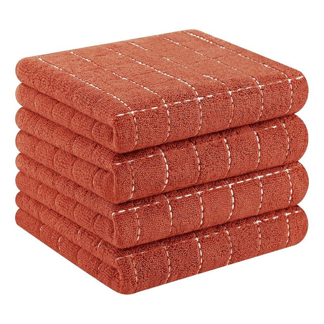 Homaxy 100% Cotton Terry Kitchen Towels(Rust, 13 x 28 inches), Checkered Designed, Soft and Super Absorbent Dish Towels, 4 Pack