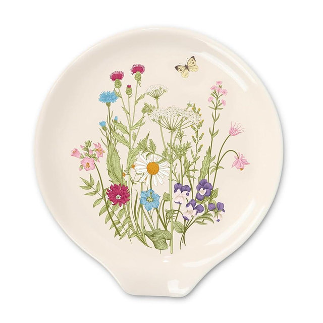 JarThenaAMCS 4.7inch Wildflower Spoon Rest Watercolor Floral Butterfly Small Coffee Spoon Holder for Spring Summer Kitchen Coffee Stirrers Teaspoon Bar Station Accessories