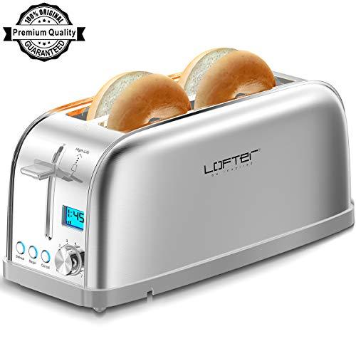 4 Slice Toaster, LOFTer Long Slot Toasters Best Rated Prime, Stainless Steel Bagel Toasters with Compact LCD Display, 7 Bread Settings, Bagel/Defrost/Reheat/Cancel Function, 1.6" Wide Slots, Removable Crumb Tray, 1500W, Silver