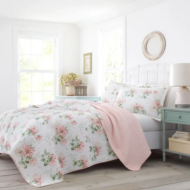 Laura Ashley Twin Honeysuckle Reversible Quilt Set Pink: Floral Bedding, Pre-Washed, Includes 1 Sham