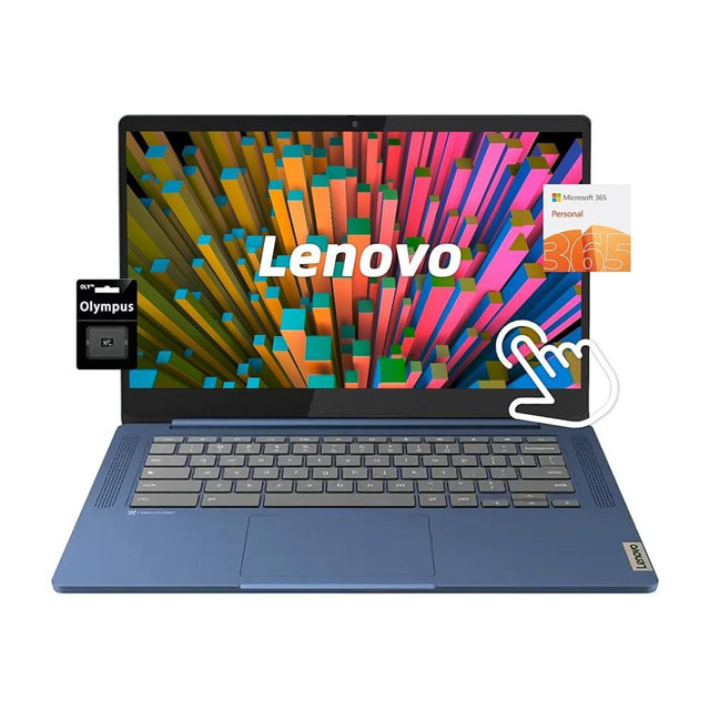 Lenovo Chromebook 14" FHD Touchscreen, 8 Core MediaTek Kompanio 520, 4GB LPDDR4X, 128GB Storage (64GB eMMC+64GB Card), Microsoft 365, Business & Student Laptop, Webcam, WiFi 6, Chrome OS, Blue