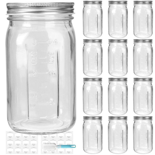 DHSBTLS 32 oz Glass Mason Jars, 12 Pack Wide Mouth Glass Canning Jars with Silver Aluminum Lids and Bands, Airtight Jars for Food Storage, Canning, Overnight Oats, Fermenting, Pickling, Decor