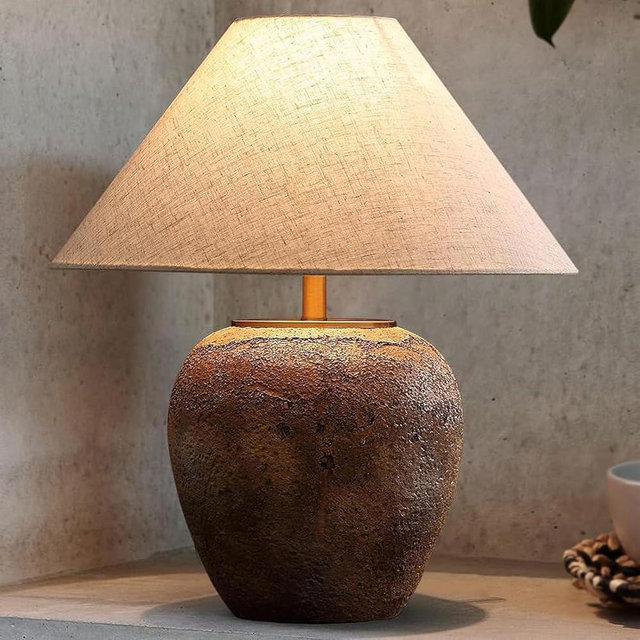 Rustic Farmhouse Clay Pot Table Lamps 19.6" Tall Ceramic Table Lamp, American Southwestern Textured Ceramic Lamp Body with White Textured Shade Bedside Table Lamp for Living Room Bedroom Office