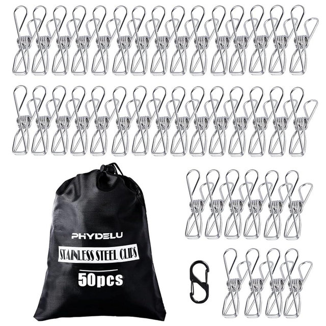 (50PCS) Stainless Steel Laundry Clothes Pins Heavy Duty Outdoor, Clothespins for Hanging Clothes, Metal Clips, Metal Snack Bag Chip Clips for Food Packages, Mini Clothes pins