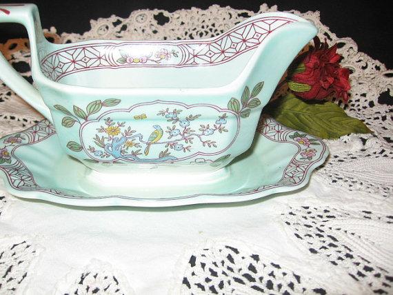 Adam's Singapore Bird Gravy Bowl With Attached Plate/Adams Vintage Dinnerware Kithenwares/Made in England Adams Platter