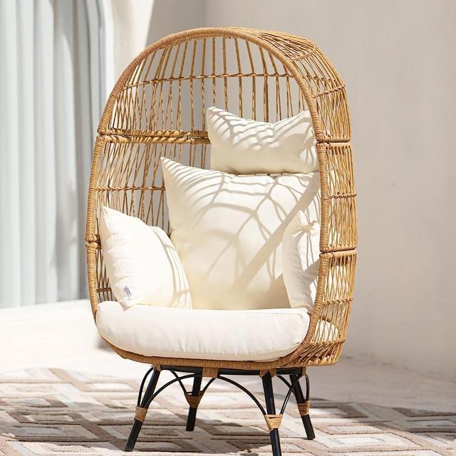 RADIATA Oversized Wicker Egg Chair 440lb Capacity Lounge Basket with Strong Heavy-Duty Steel Frame for Indoor Outdoor Patio Backyard Living Room (Beige)