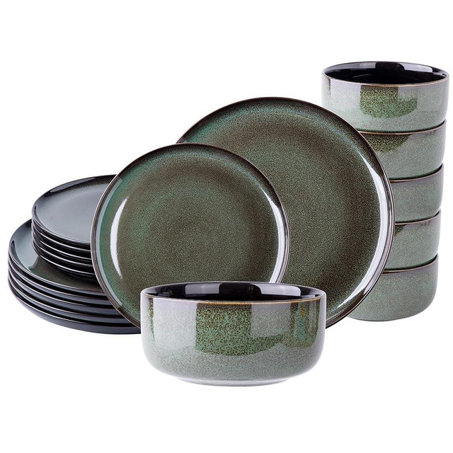 LeRatio Ceramic Dinnerware Sets of 6,Poreclain Plates and Bowls Sets,Handmade Reactive Glaze Dishes Set,Chip Resistant and Scratch Resistant | Oven&Dishwasher & Microwave Safe-Green(18PCS)