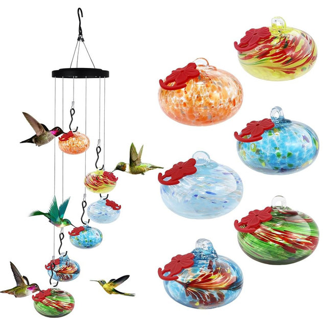 Glass Hummingbird Feeder Wind Chimes for Outdoors Hanging, Hand Blown Glass with 6 Glass Balls, Leak-Proof & Bee Proof for Outdoor Garden Decor for Bird Lovers