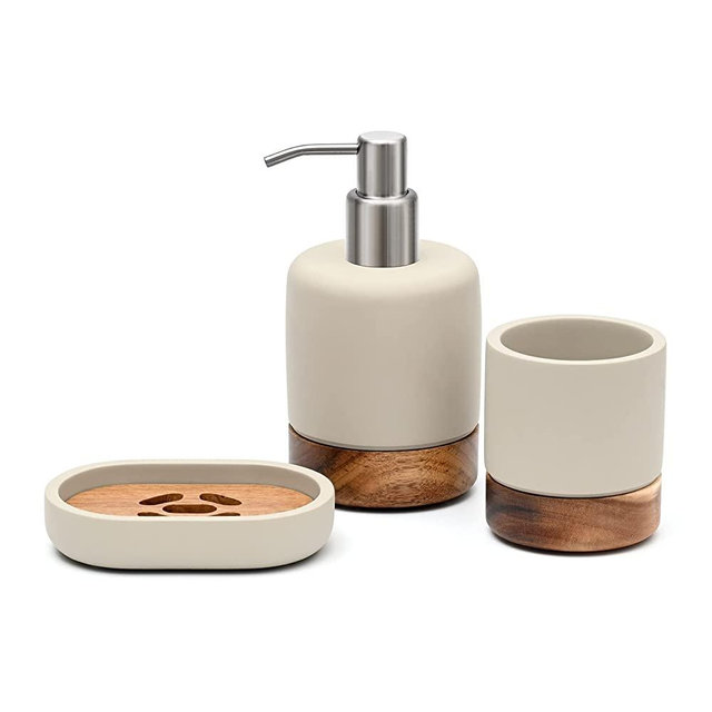 LunaLife Bathroom Accessories Set 3 Piece Bath Ensemble Includes Soap Dispenser, Bathroom Tumbler, Soap Dish Accessories for Decorative Countertop and Housewarming Gift (Concrete with Acacia Wood)