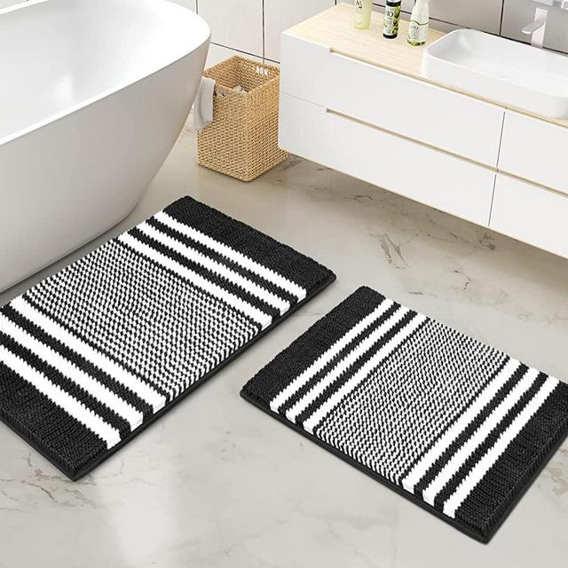 Bathroom Rugs Set 2 Piece, Extra Soft and Absorbent Fluffy Striped Chenille Bath Mat Rug Set, Non Slip Bathroom Floor Mat, Machine Washable (20" x 32" Plus 16" x 24", Black)