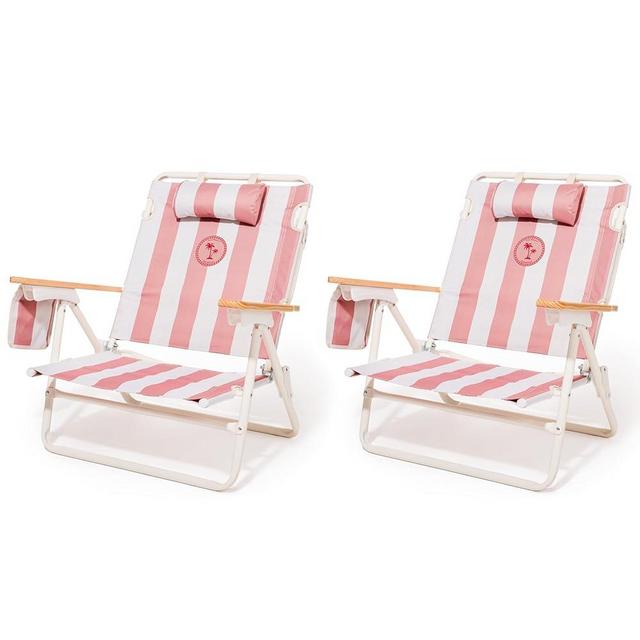 Business & Pleasure Co. Margaritaville Manana Chairs - Backpack Beach Chairs, Lay Flat Reclining, Lightweight & Portable, Insulated Cooler Pocket, Strawberry Daiquiri Stripe, Pack of 2