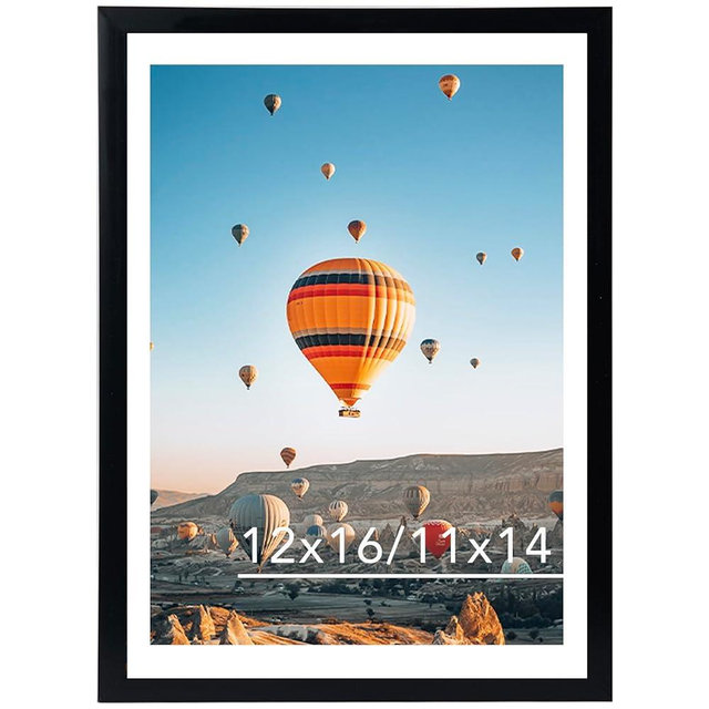 JCJMY 12x16 Picture Frame Black with 11x14 Mat, Display Photo 11x14 with Mat or 12 x 16 Without Mat, Wall Hanging Large Frame with Plexiglass, Black