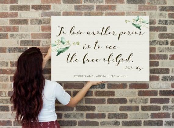 Victor Hugo Quote, Wedding Custom Canvas Print, Modern Wall Art, Home Decor, Wedding Gift, To love another person is to see the face of God