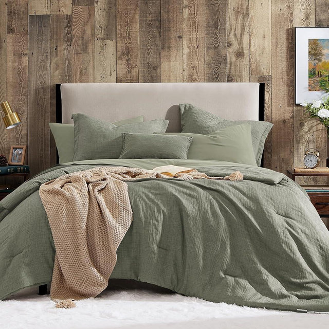 Geniospin Oversized King Comforter Sets - 7 Pieces Sage Green Oversized King Bedding Set, Solid Bed Set for All Season, Textured Bed in a Bag with Flat Sheet and Fitted Sheet, Pillowcases and Shams