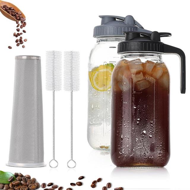 2 Quart Glass Pitcher with Lid for Fridge, Cold Brew Coffee Maker 64 oz, 2 Pack Airtight Leakproof Iced Tea Pitcher with Stainless Steel Filter, New Years Gifts for Friends (Black & Gray)