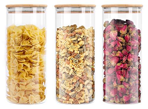 Lawei 3 pack Glass Storage Jars with Sealed Bamboo Lids - 51 oz Clear Glass Bulk Food Storage Canister for Serving Tea, Coffee, Spice, Candy, Cookie