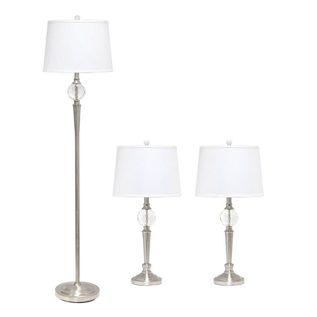 Set of 2 Table Lamps and A Floor Lamp with Crystal Accented Base Brushed Nickel - Elegant Designs: Metal & Linen Shades, UL Listed
