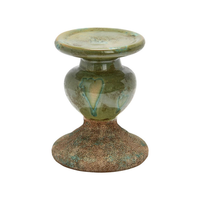Storied Home 2-Tone Sculptural Terracotta Pillar Candle Holder, Distressed Green