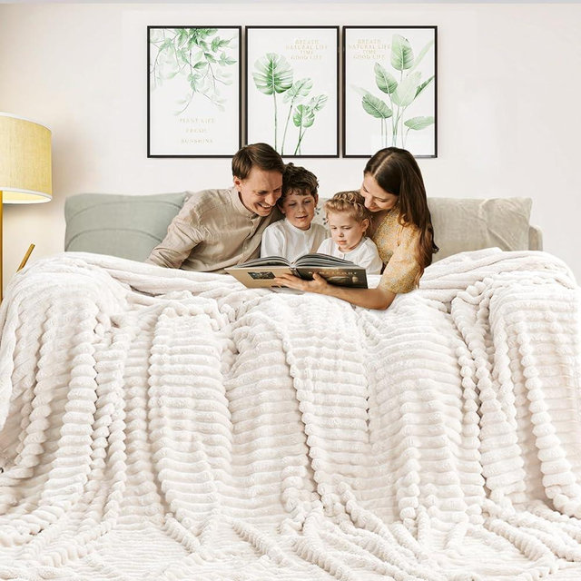 Excervent Solid Oversized Flannel Fleece Blanket (120x120 inches) Cozy Throw Blankets for Couch Sofa and Bed, King Size 10'*10' Super Soft Striped Blankets for Household Bedroom, Ivory