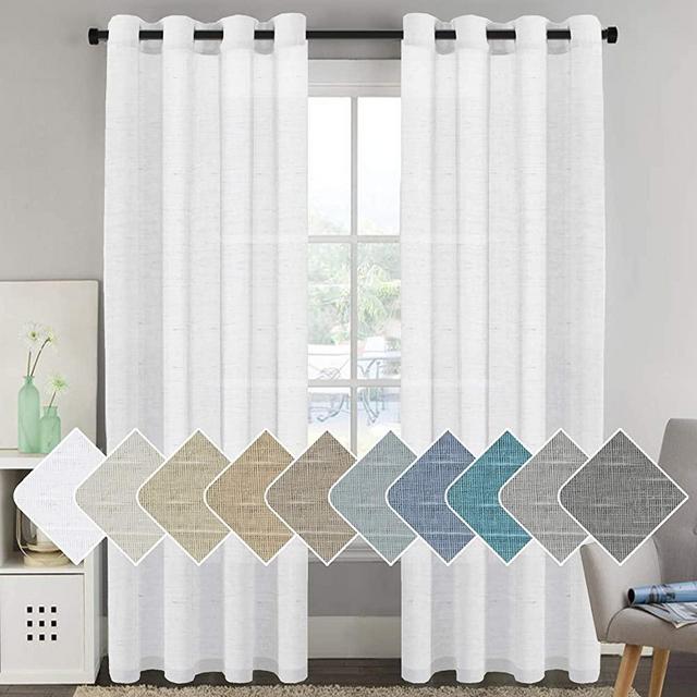 H.VERSAILTEX Window Treatments Linen Curtain Panels Open Weave White - Natural Linen Blended Sheer Curtains with Nickel Grommet for Living Room, Privacy Assured (52 by 96 Inch, Set of 2)