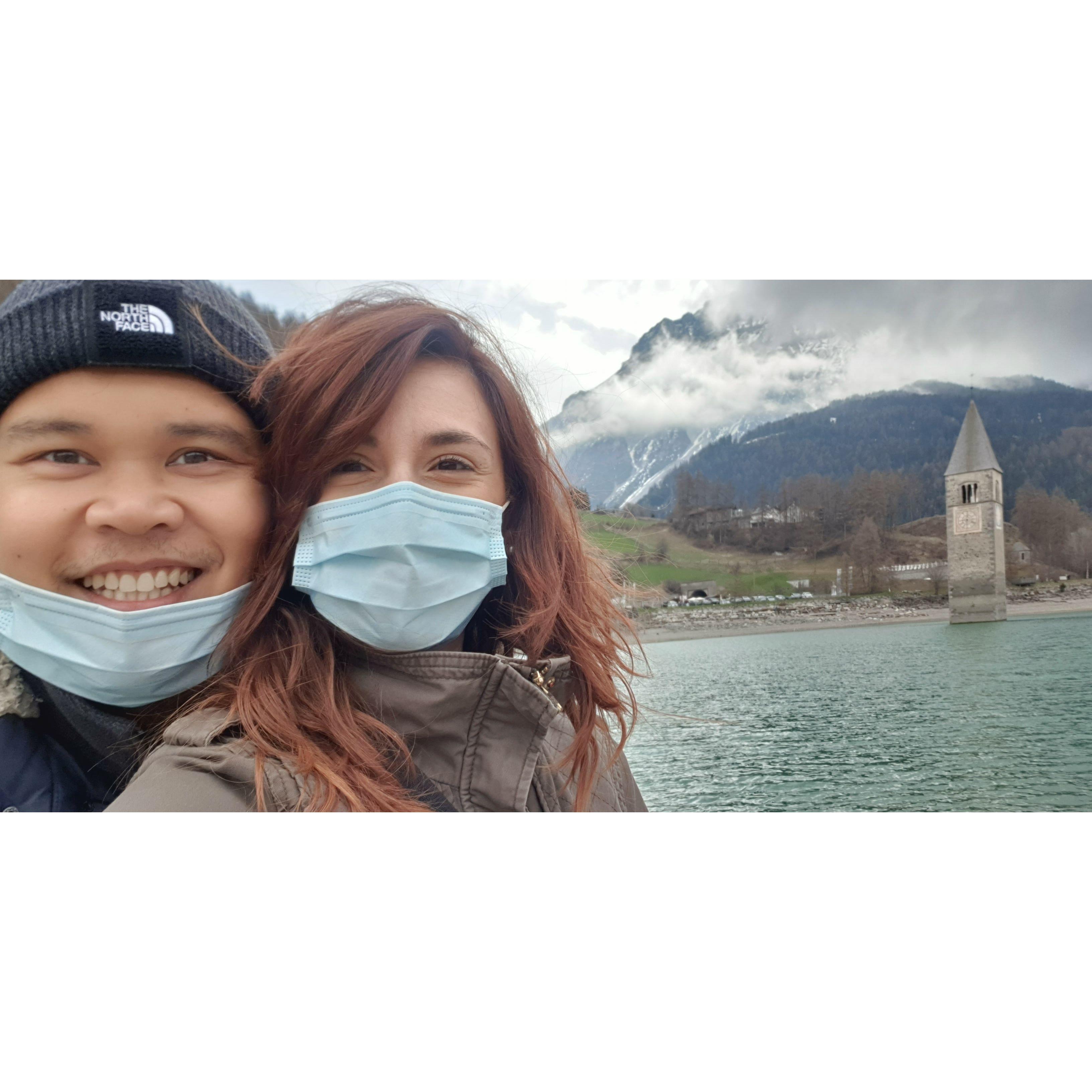 COVID-19 separated us for more than 7 months. But we made it. Curon Venosta, Italy - May 2021