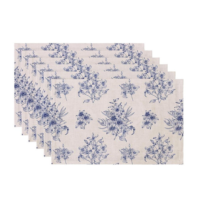 LilyCat Linen Fabric Blue Floral Placemats, Waterproof Durable Boho Dining Table Mats for Kitchen, Rustic Vintage Washable Place Mats Set of 6, 18’’× 12’’