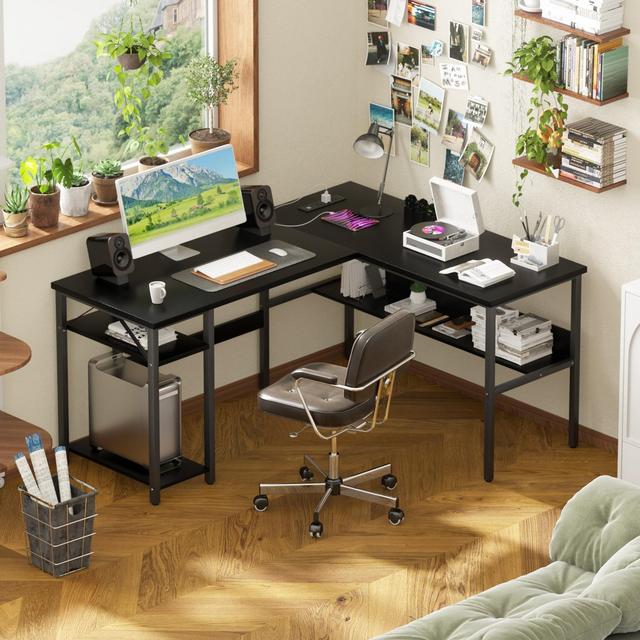 Aheaplus 47'' Black Reversible L Shaped Desk with Storage, Power Outlet, USB Ports
