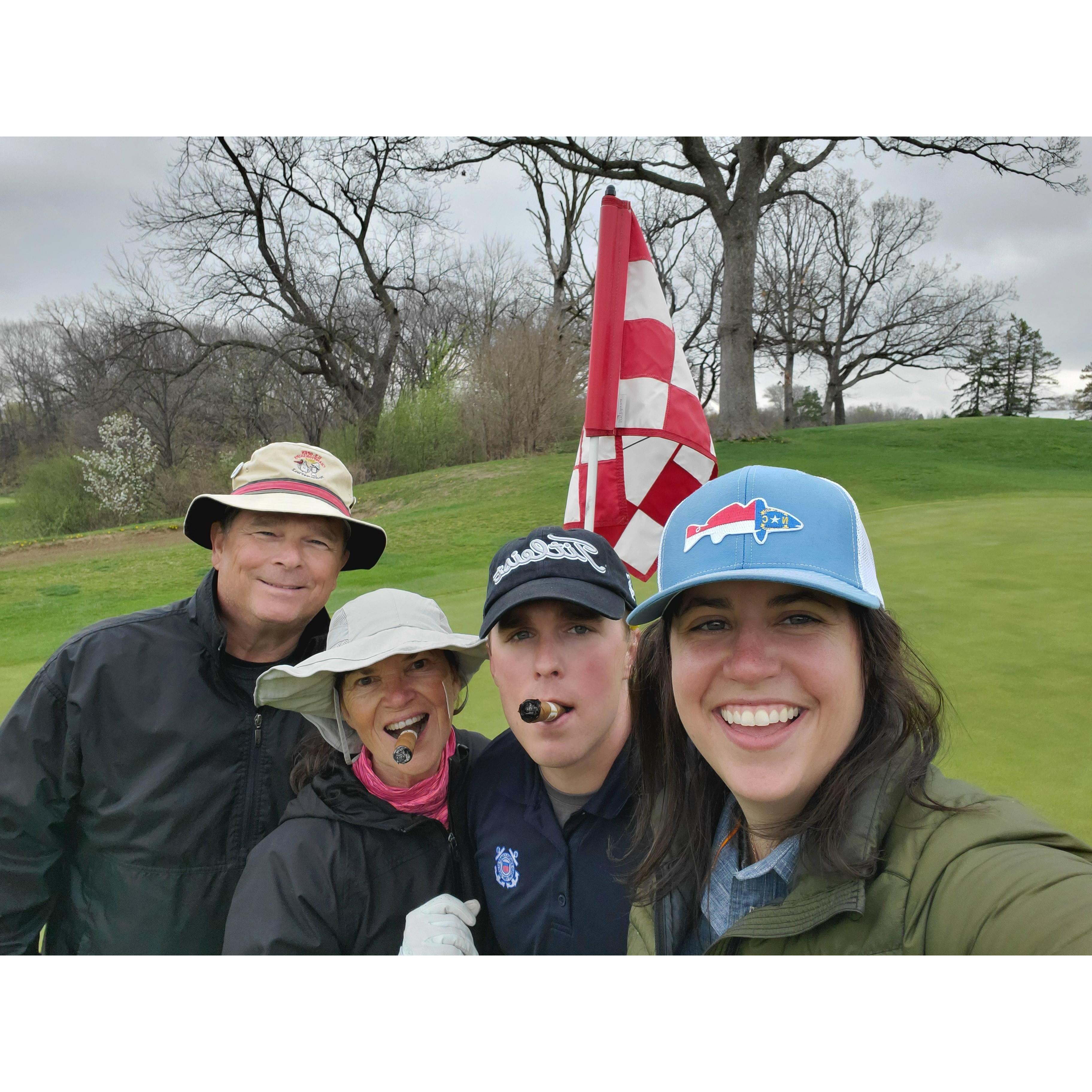 All of our adventures are made better with our families. Golfing with the Rankins, Grooms father.