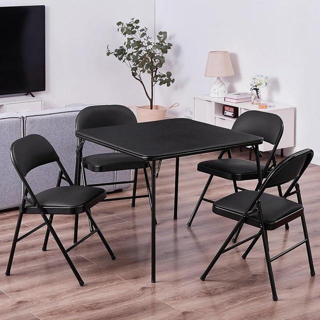 VECELO Folding Card Table and Chair Set of 5 Portable with Padded Tabletop, No Assembly Required, Black, 5 Piece Set