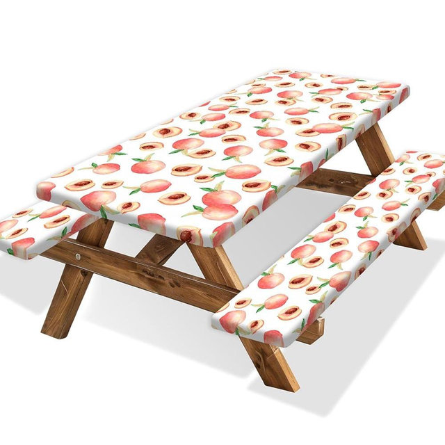 JAWO Peach Picnic Table Cover Set with Bench Covers Pink Fruit Tablecloth 6FT for 6 Person Fitted Picnic Table Cover with Elastic Windproof and Waterproof Fabric, Camping Accessories Patio & Outdoor