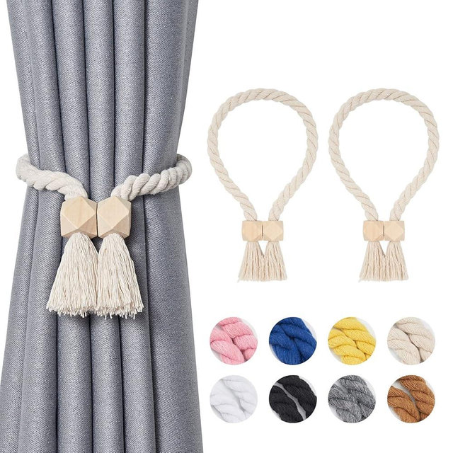 NICEEC 2 Pack Wooden Polyhedron Magnetic Curtain Tiebacks Boho Home Decor Drape Tie Backs Natural Cotton Hand Woven Rope Curtain Holdbacks for Home & Office Window Draperies (Beige)