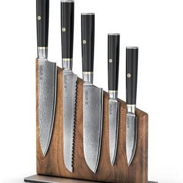 Japanese Damascus Steel Kitchen Knife Block Set - Japanese Professional Kitchen Knife Set - Black Damascus