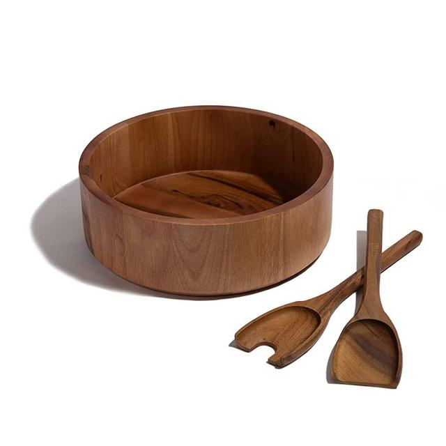 Wooden Salad Bowl Set, Acacia Serving Bowls, With Serving Utensils, Large, 12 x 4 Inch, 3 Piece, Round, Flat, Wood Server Acaciaware For Kitchen, Mixing, Eating, Food, Fruit, Pasta | Houseables