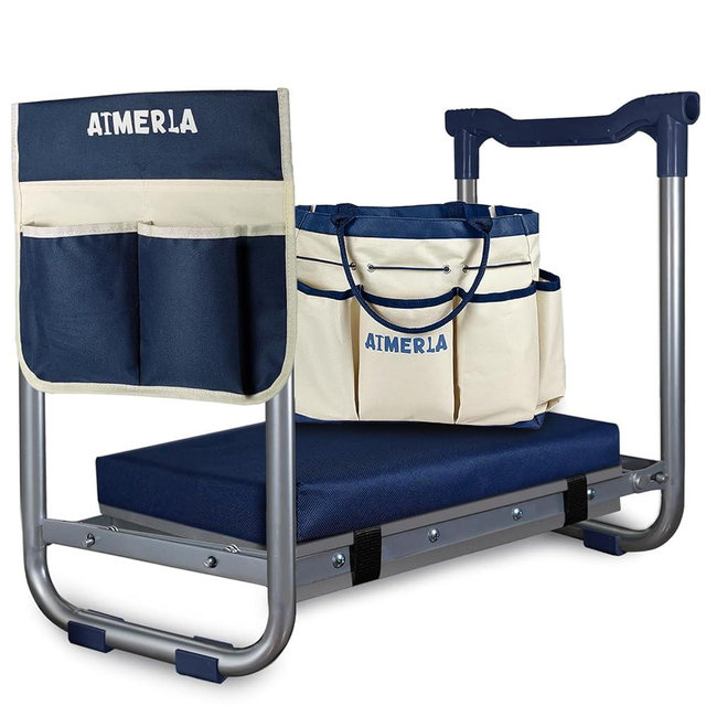 Aimerla K5 Foldable Kneeler Seat - Heavy Duty (Detachable Cloud Kneeler Pad) - Garden Stool - 2 Large Tool Bags - Portable Bench for Indoor & Outdoor
