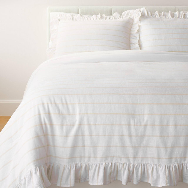 Full/Queen Yarn Dye Stripe with Ruffle Comforter & Sham Set White/Khaki - Threshold™ designed with Studio McGee