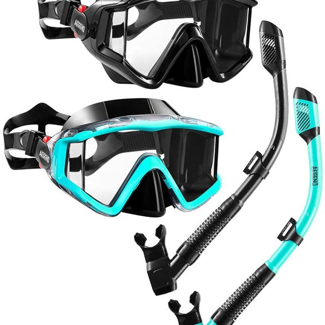 Aegend Snorkeling Gear for Adults, Dry Snorkel Set Panoramic View Enhanced Anti-Leak and Anti-Fog Technology, Adjustable Strap for Snorkeling Scuba Diving Swimming with Mesh Bag