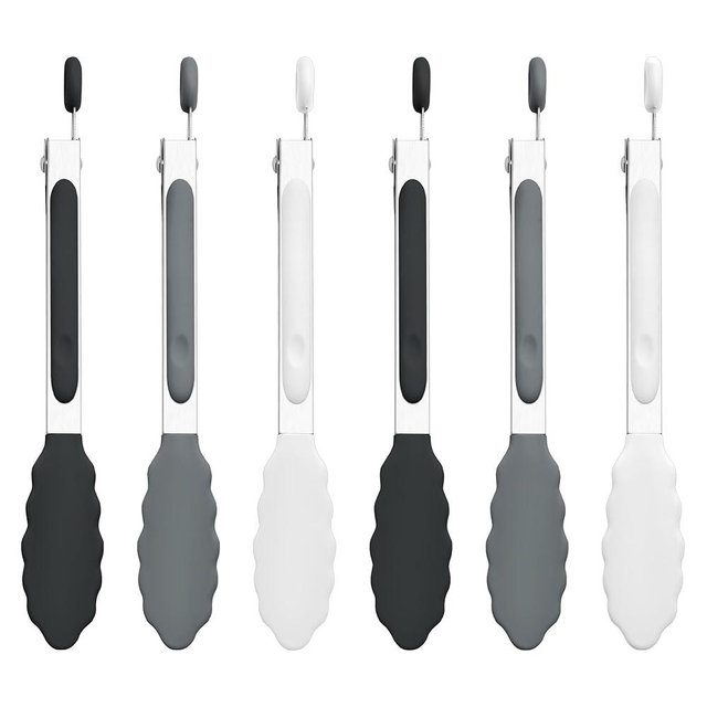 7-Inch Silicone Tongs Pack of 6, Small Stainless Steel Tongs with Silicone Tips for Cooking, Serving, BBQ, Grilling, Salad, Buffet, Party (7", Black/Gray/White)