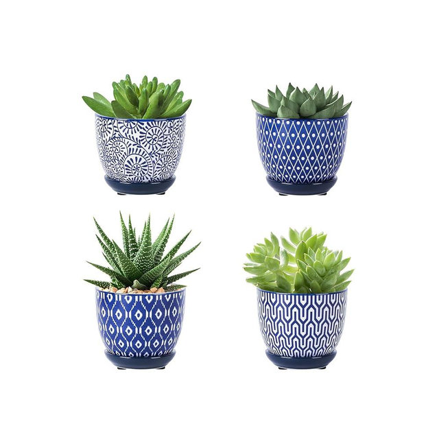 Selamica Ceramic Succulent Pots with Drainage Holes, Small Flower Pots 3.5 Inch Plant Pots for Indoor Plants with Saucers, Cactus Succulent, Home Decor, Set of 4, Vintage Blue