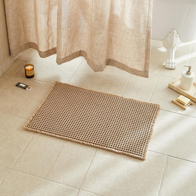 TYUU Waffle Bath Mat, Boho Bathroom Rugs Non Slip Washable Super Absorbent Quick Dry Farmhouse Bathroom Decor, 24"x16" Khaki