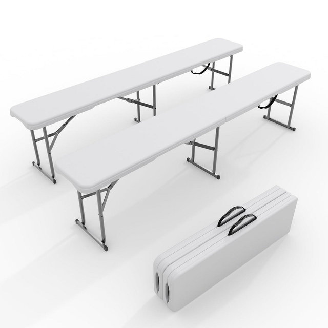 2-Pack 6ft Plastic Folding Bench – Portable Outdoor Bench for Picnics, Camping & Sports, Waterproof HDPE, Easy-Carry Handle, White