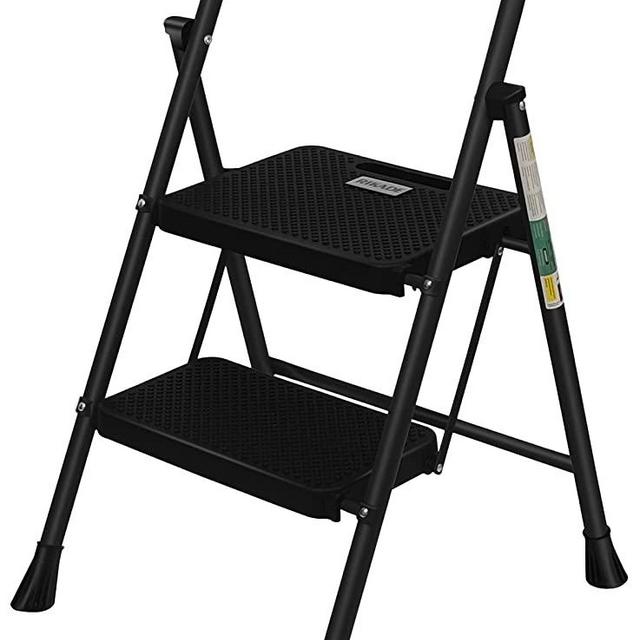 2 Step Ladder, RIKADE Folding Step Stool, Step Stool with Wide Anti-Slip Pedal, Lightweight, Portable Folding Step Ladder with Handgrip, Multi-use Steel Ladder for Household and Office