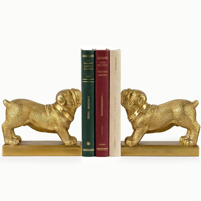 MXARLTR Decorative Bookends for Shelves, Dog Book Ends for Heavy Books, Bulldog Statues Bookends for Heavy Books with Anti-Slip Base Book Holders for Home Office Decor (Gold)