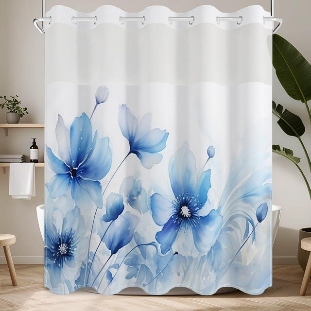 No Hook Shower Curtain with Snap in Fabric Liner Set, Waterproof & Washable, Boho Blue Floral Shower Curtains for Bathroom, Elegant Modern Hotel Flower Pattern Bathroom Curtain, House Gift, 71x74 inch