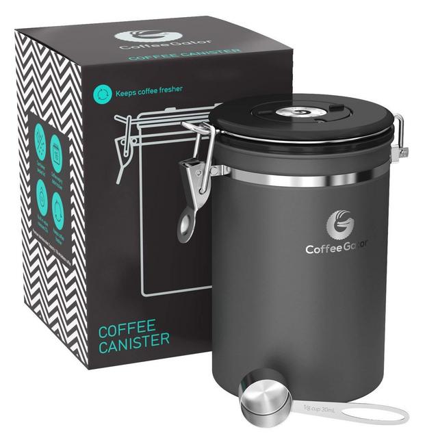 Coffee Gator Stainless Steel Container - Canister with co2 Valve and Scoop - Large, Gray