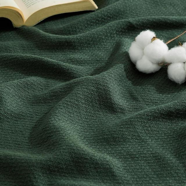 Bedsure 100% Cotton Blanket King Size for Bed - Breathable and Lightweight, Soft Cozy Textured Herringbone Woven Blanket for Summer, Dark Green, 108x90 inches