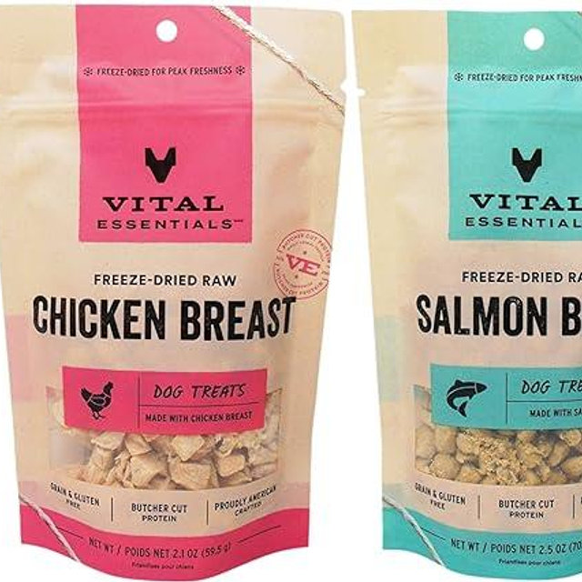 Vital Essentials Freeze-Dried Raw Dog Treats 3 Flavor Variety - (1) Each: Minnows, Salmon Bites, Chicken Breast (1-2.5 Ounces) - Plus Rope Toy and Fun Animal Facts Booklet Bundle