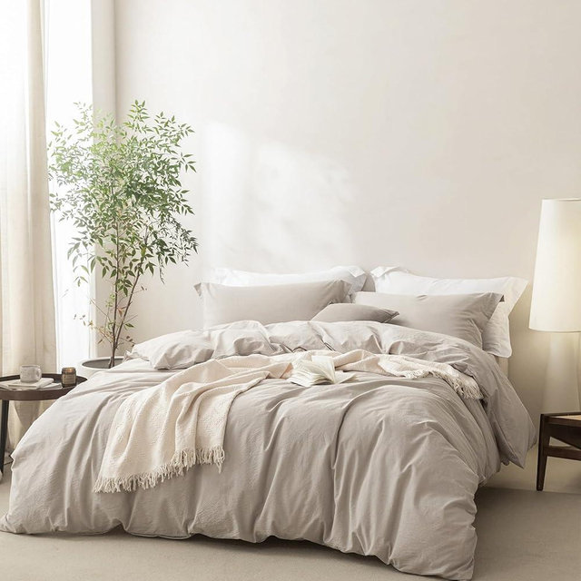 BDEAR Linen Feel Cream Grey Duvet Cover King Size 104'' W x 90'' L, 100% Washed Cotton Duvet Cover with Zipper Closure Plus 2 Pillowcases, Oeko TEX Standard Certificated