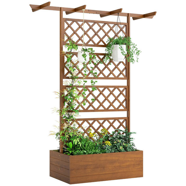 Outsunny Wood Raised Garden Bed, Planter with Trellis for Climbing Plants